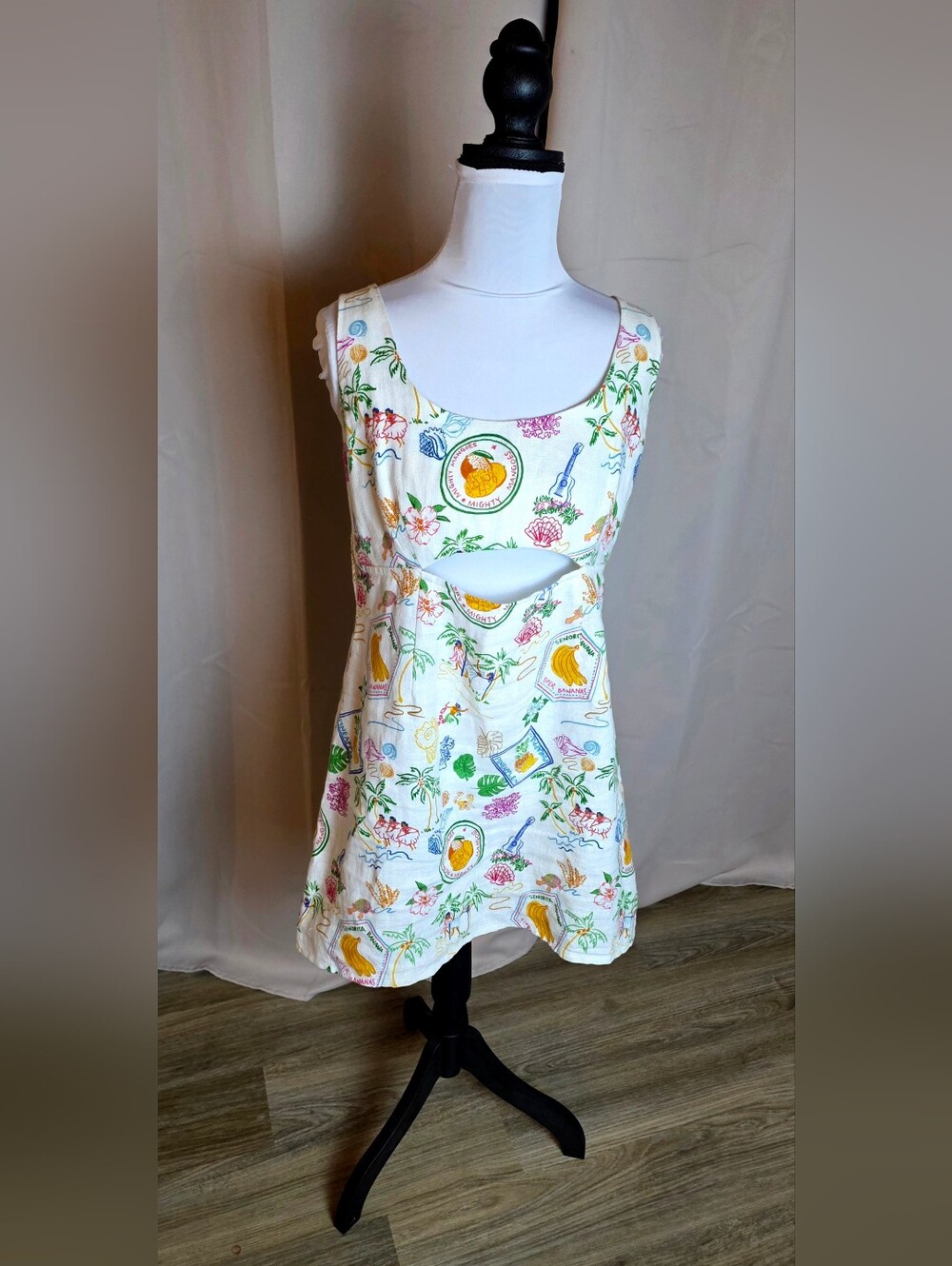 ALIGNE London Embroidered Tropical Cutout Dress Linen Blend US 8 UK 12 Medium
